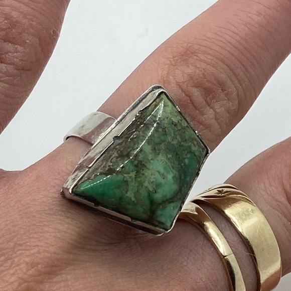 Vtg Navajo Sterling Green Turquoise Rustic Abstract Setting Ring Sz 8.25 - 8.5 - Picture 10 of 12